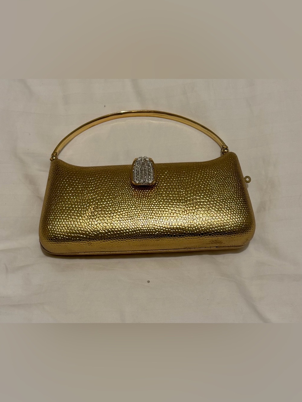 Selini New York Gold Metallic Hard Case Evening Bag Rhinestone Clasp